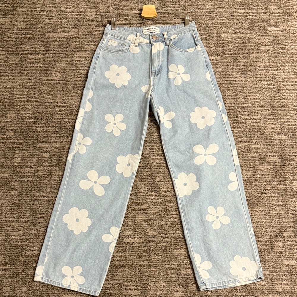 GOGO Light Blue Floral Straight Leg Jeans